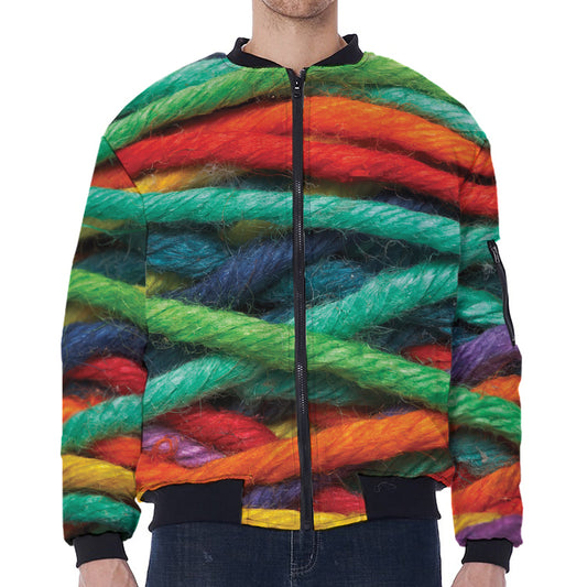 Colorful Yarn Print Zip Sleeve Bomber Jacket
