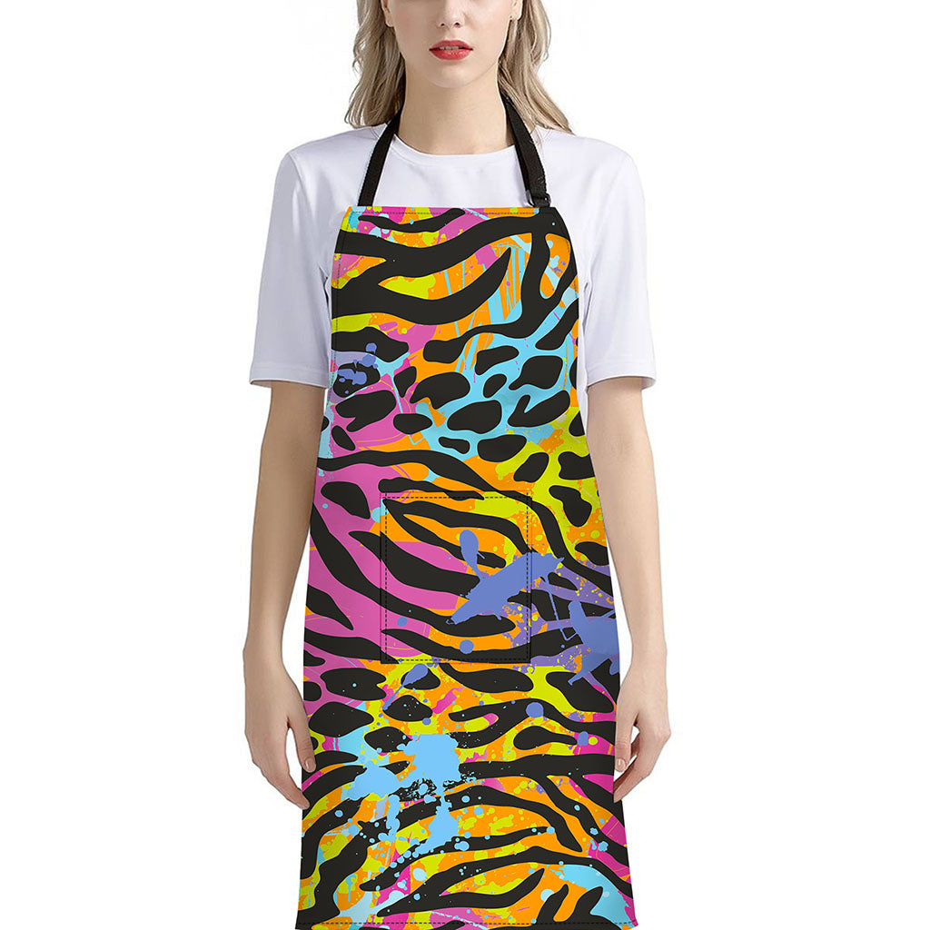 Colorful Zebra Leopard Pattern Print Bib Apron With Pocket
