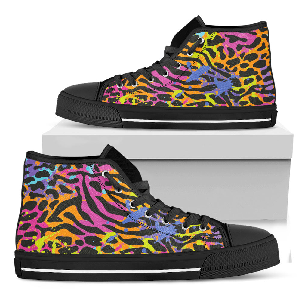 Colorful Zebra Leopard Pattern Print Black High Top Sneakers