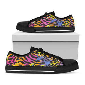 Colorful Zebra Leopard Pattern Print Black Low Top Sneakers