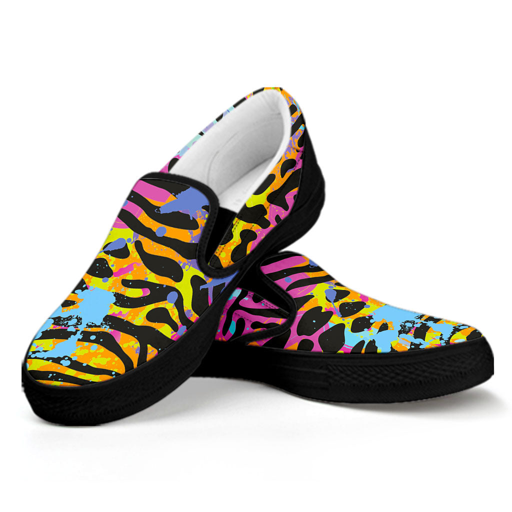 Colorful Zebra Leopard Pattern Print Black Slip On Sneakers