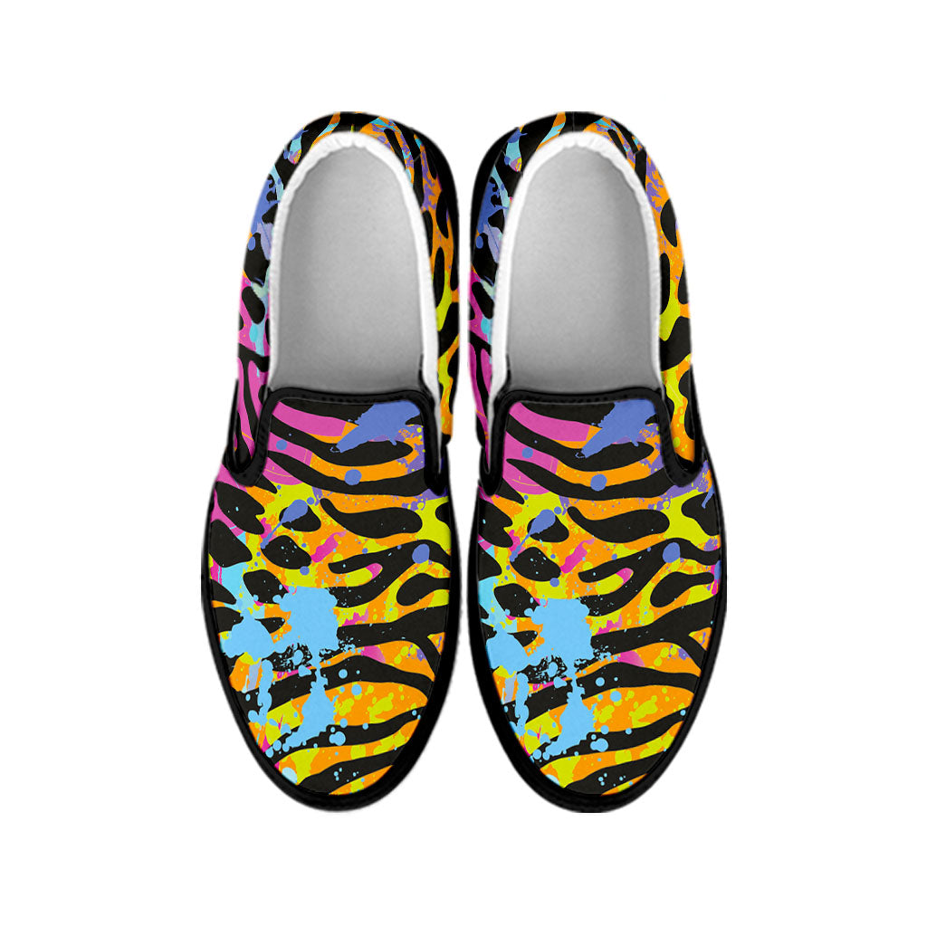 Colorful Zebra Leopard Pattern Print Black Slip On Sneakers