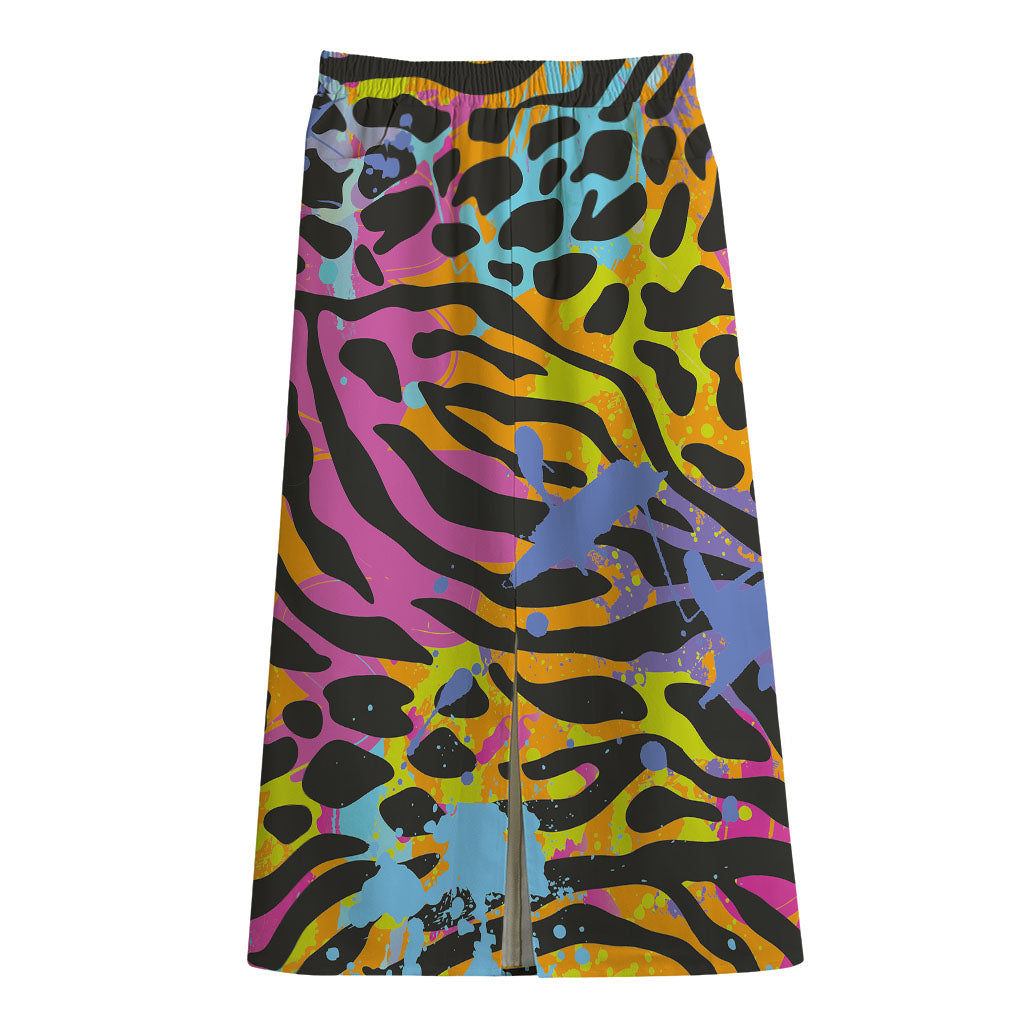 Colorful Zebra Leopard Pattern Print Cotton Front Slit Maxi Skirt