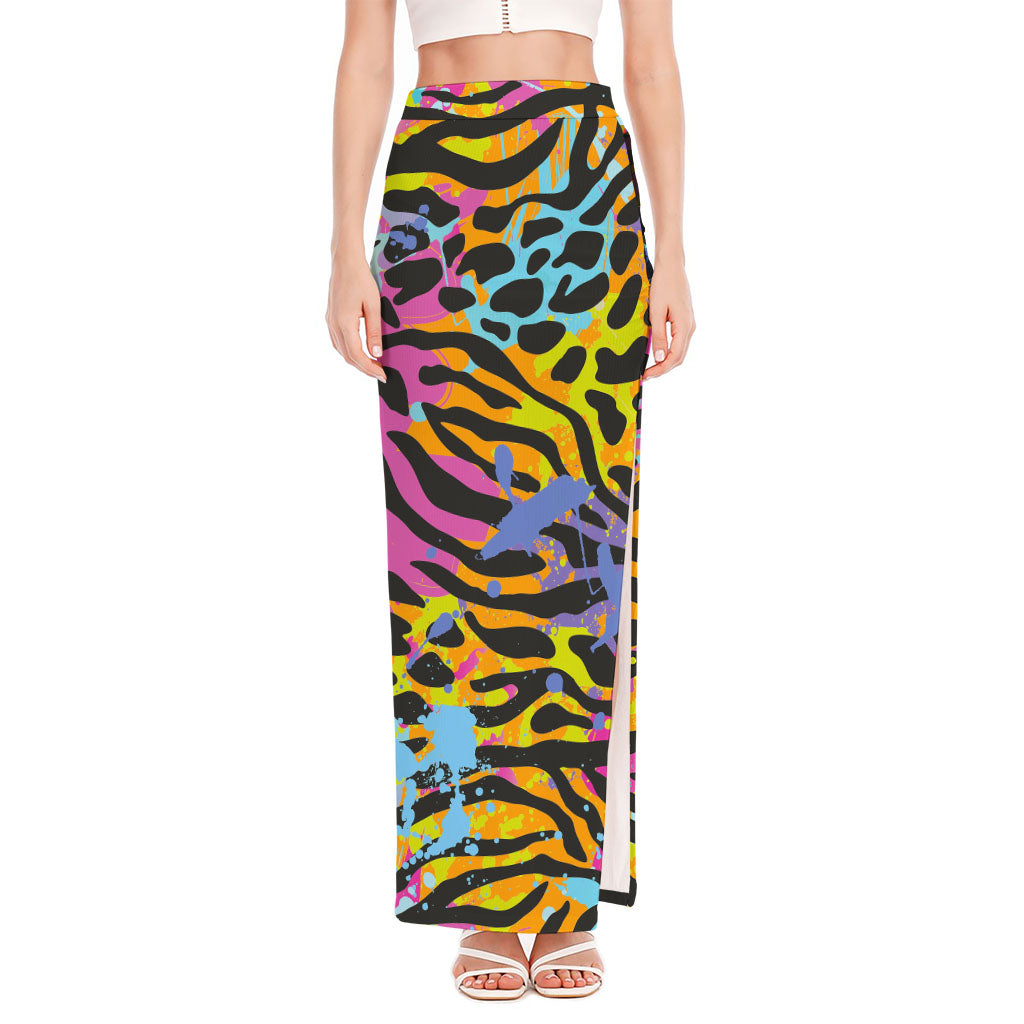 Colorful Zebra Leopard Pattern Print High Slit Maxi Skirt