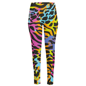 Colorful Zebra Leopard Pattern Print High-Waisted Pocket Leggings