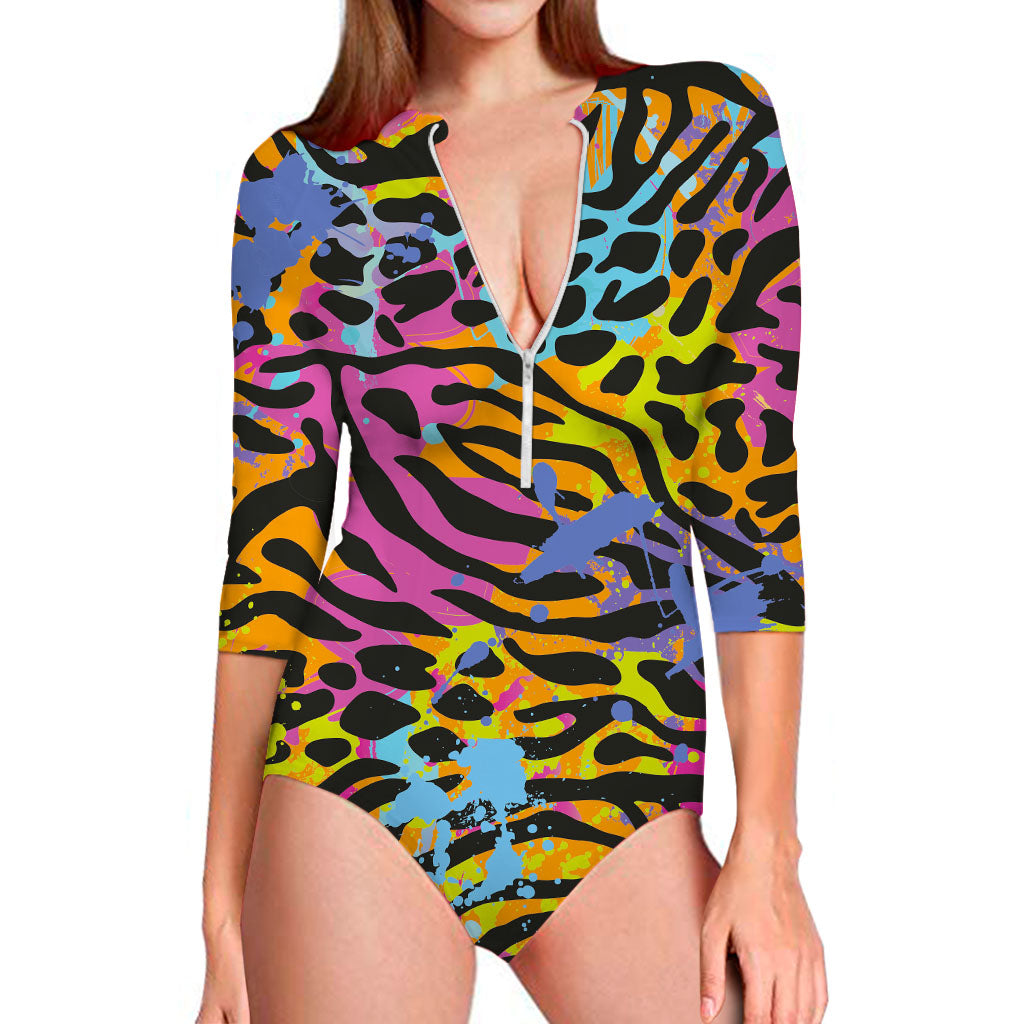 Colorful Zebra Leopard Pattern Print Long Sleeve Swimsuit