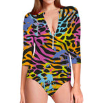 Colorful Zebra Leopard Pattern Print Long Sleeve Swimsuit