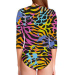 Colorful Zebra Leopard Pattern Print Long Sleeve Swimsuit