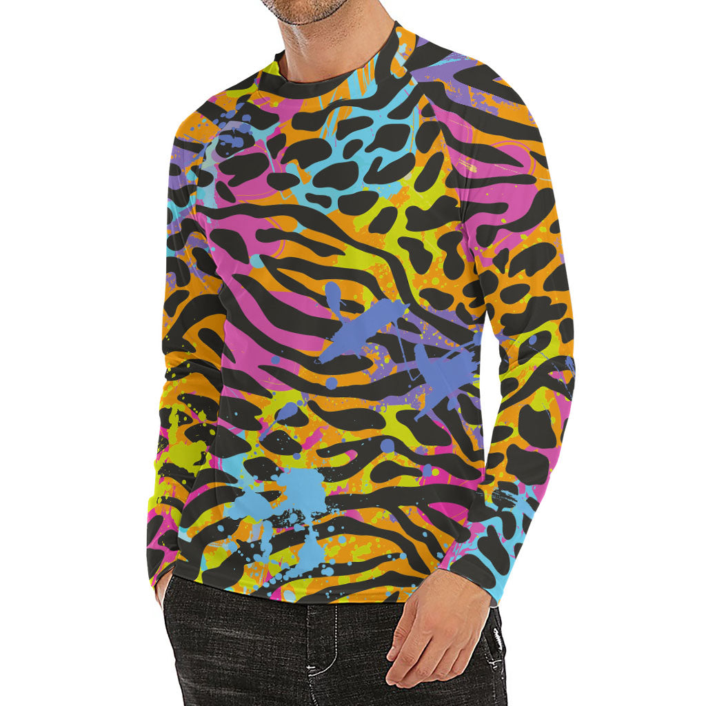 Colorful Zebra Leopard Pattern Print Men's Long Sleeve Rash Guard
