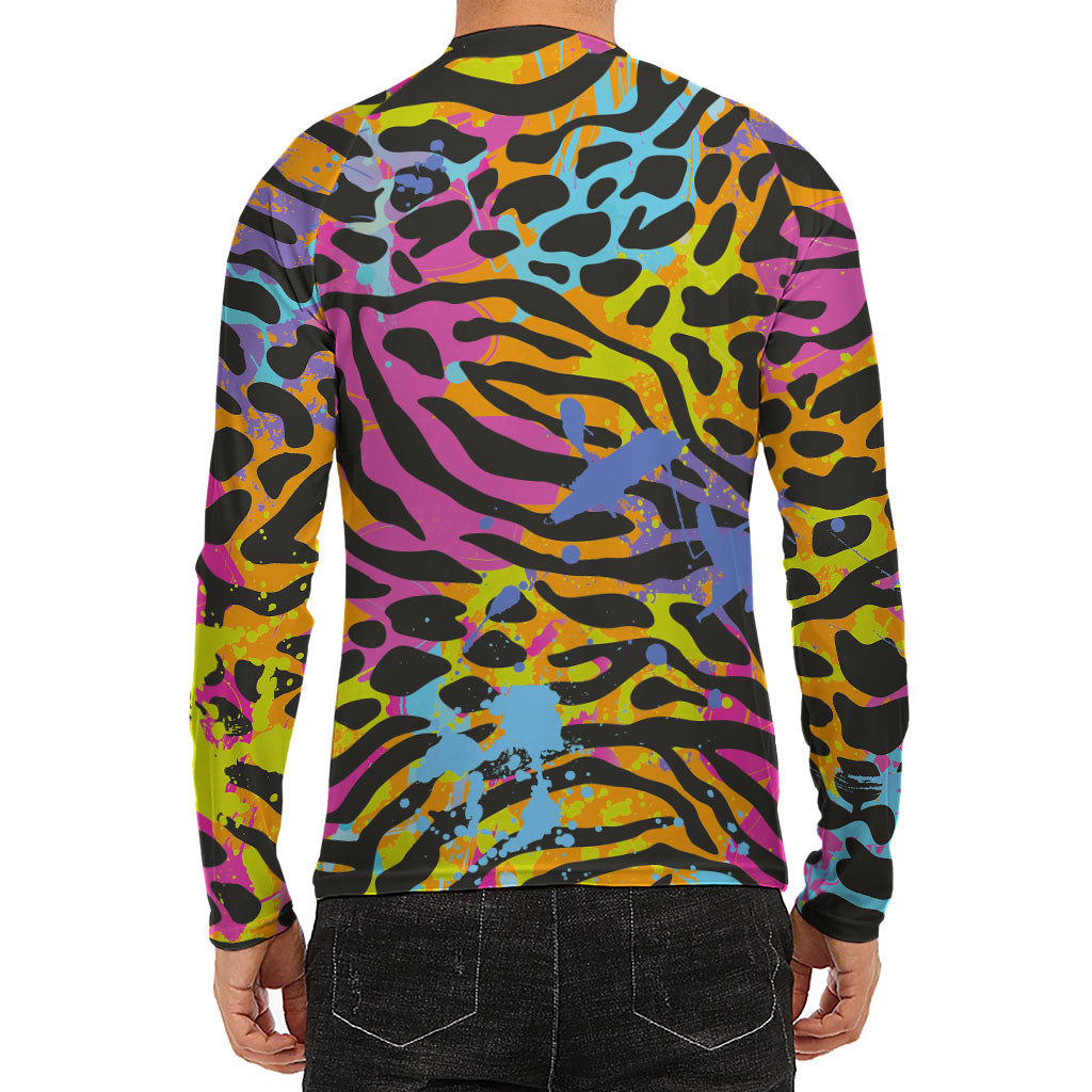 Colorful Zebra Leopard Pattern Print Men's Long Sleeve Rash Guard