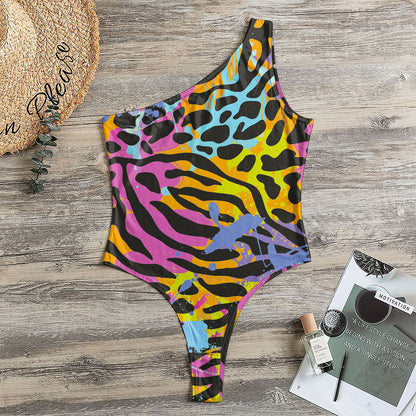 Colorful Zebra Leopard Pattern Print One Shoulder Bodysuit