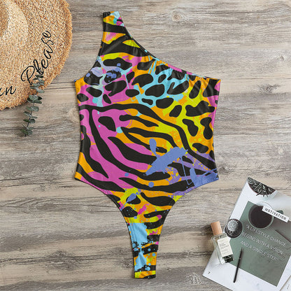 Colorful Zebra Leopard Pattern Print One Shoulder Bodysuit