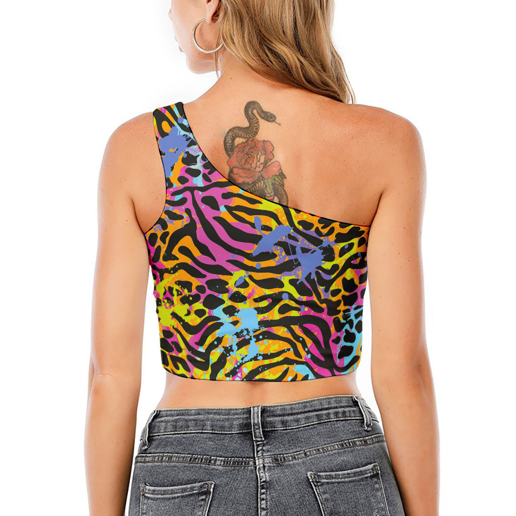 Colorful Zebra Leopard Pattern Print One Shoulder Crop Top
