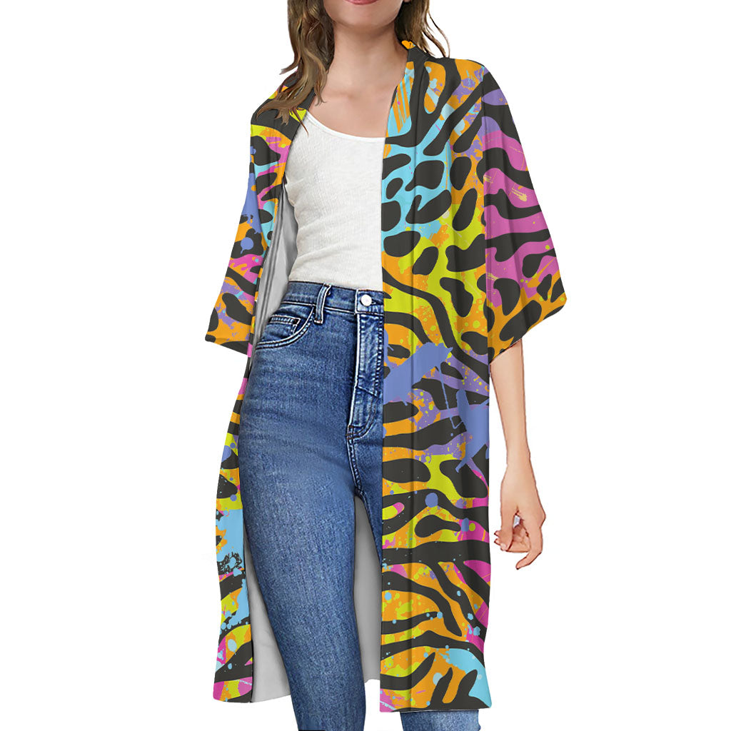 Colorful Zebra Leopard Pattern Print Open Front Beach Cover Up