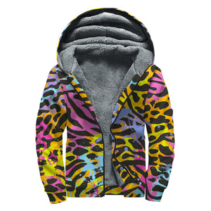 Colorful Zebra Leopard Pattern Print Sherpa Lined Zip Up Hoodie