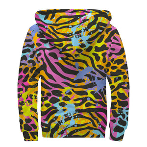 Colorful Zebra Leopard Pattern Print Sherpa Lined Zip Up Hoodie