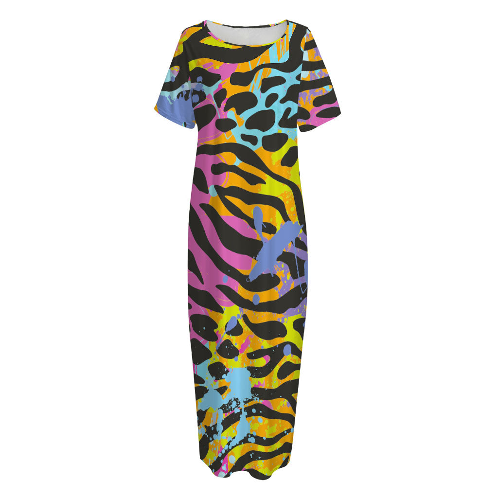 Colorful Zebra Leopard Pattern Print Short Sleeve Long Nightdress