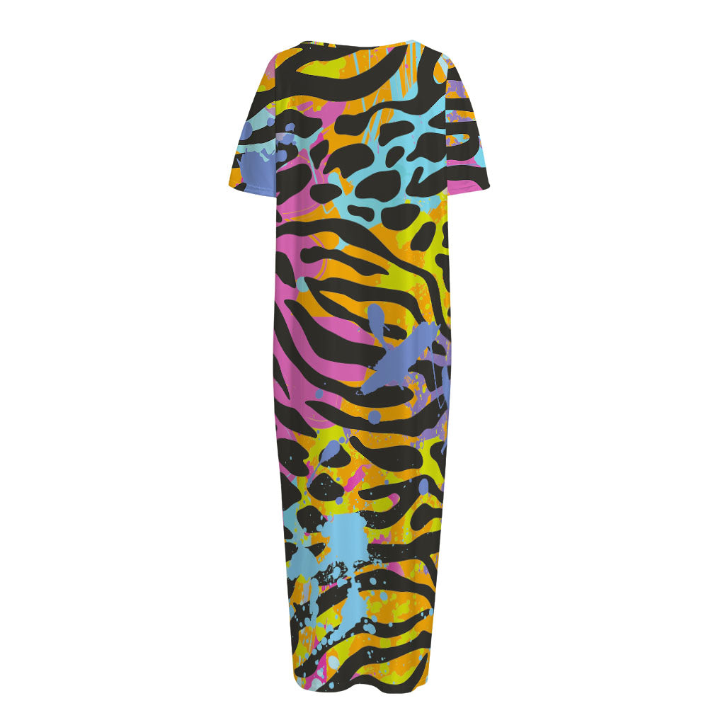 Colorful Zebra Leopard Pattern Print Short Sleeve Long Nightdress