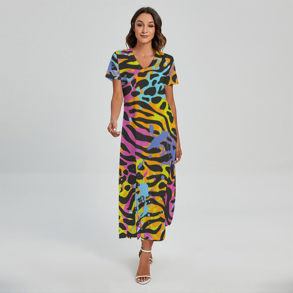 Colorful Zebra Leopard Pattern Print Short Sleeve Maxi Dress