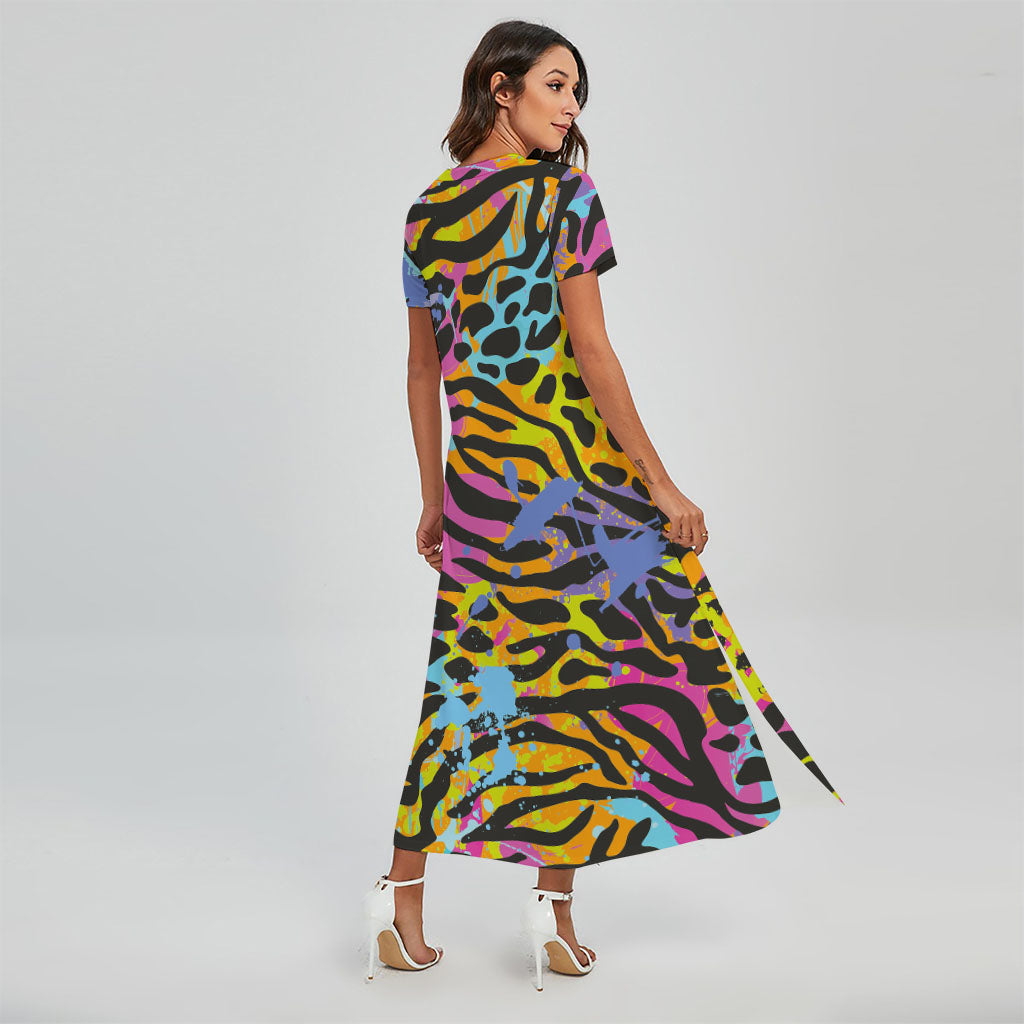 Colorful Zebra Leopard Pattern Print Short Sleeve Maxi Dress