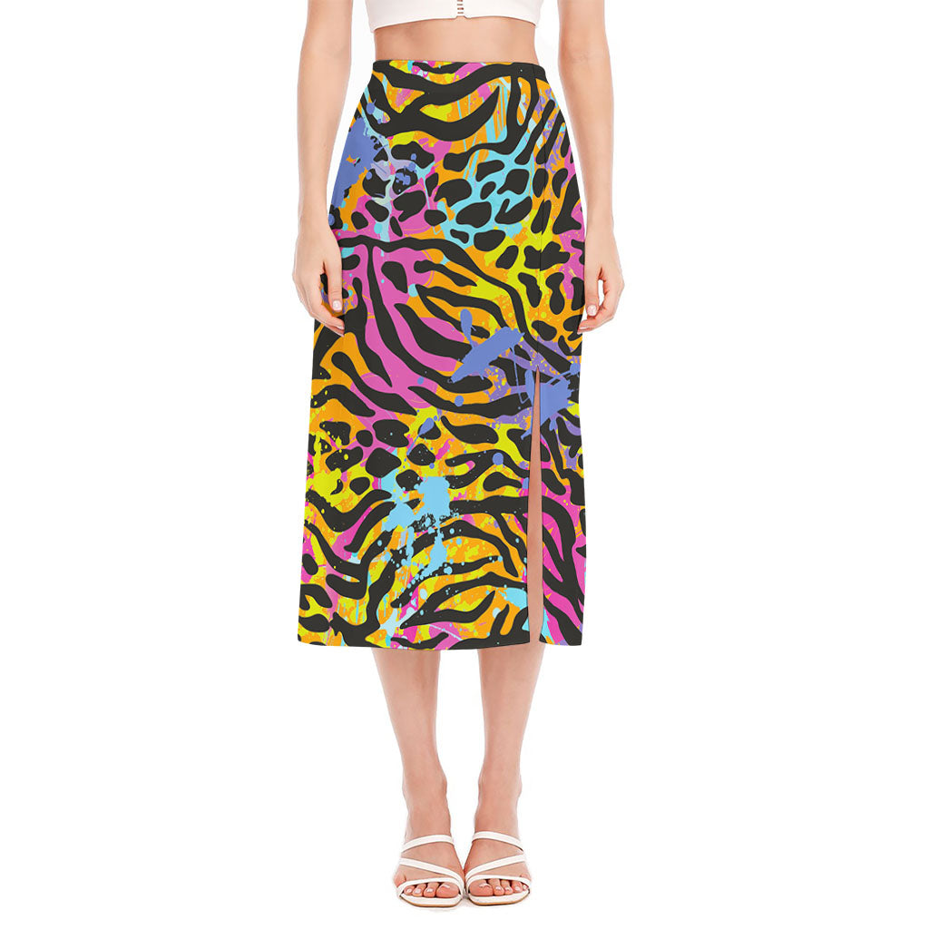 Colorful Zebra Leopard Pattern Print Side Slit Midi Skirt