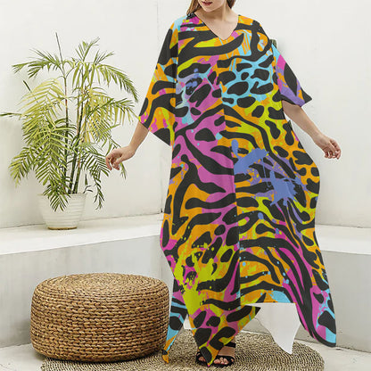 Colorful Zebra Leopard Pattern Print Silk V-Neck Kaftan Dress