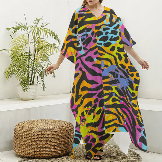 Colorful Zebra Leopard Pattern Print Silk V-Neck Kaftan Dress
