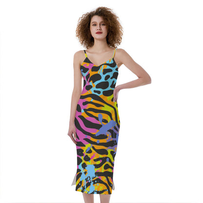 Colorful Zebra Leopard Pattern Print Slim Fit Midi Cami Dress