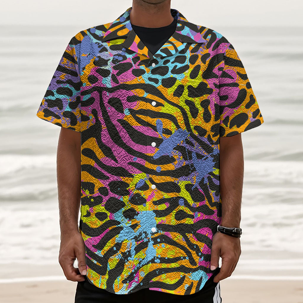 Colorful Zebra Leopard Pattern Print Textured Short Sleeve Shirt