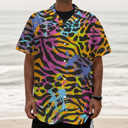 Colorful Zebra Leopard Pattern Print Textured Short Sleeve Shirt