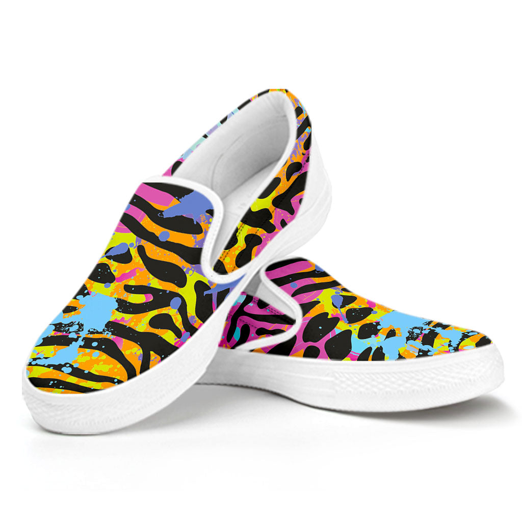 Colorful Zebra Leopard Pattern Print White Slip On Sneakers