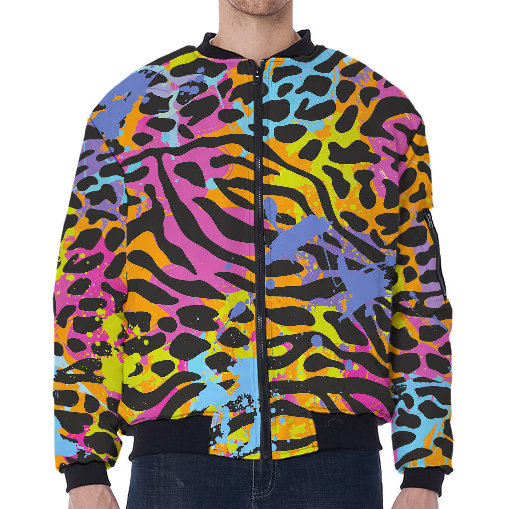 Colorful Zebra Leopard Pattern Print Zip Sleeve Bomber Jacket