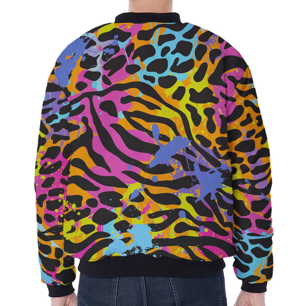 Colorful Zebra Leopard Pattern Print Zip Sleeve Bomber Jacket
