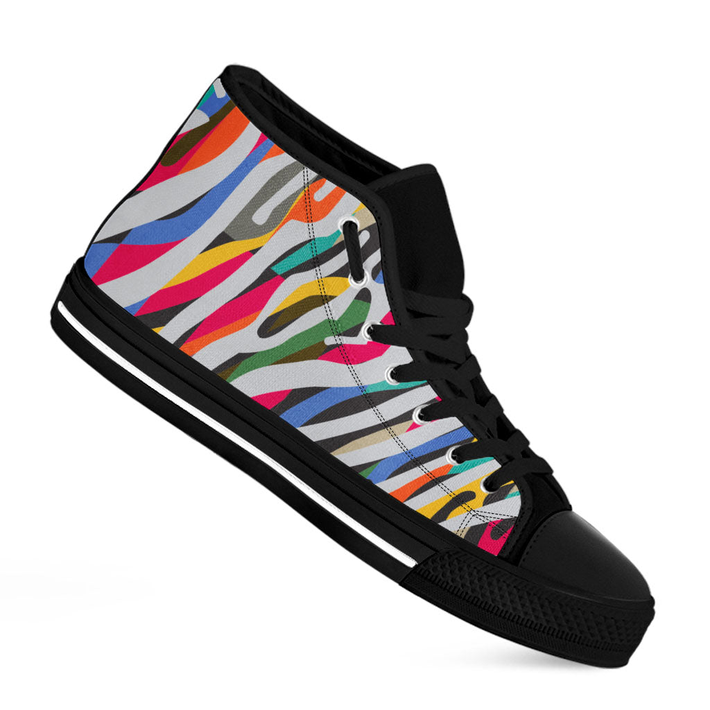 Colorful Zebra Pattern Print Black High Top Sneakers