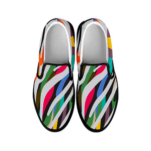 Colorful Zebra Pattern Print Black Slip On Sneakers