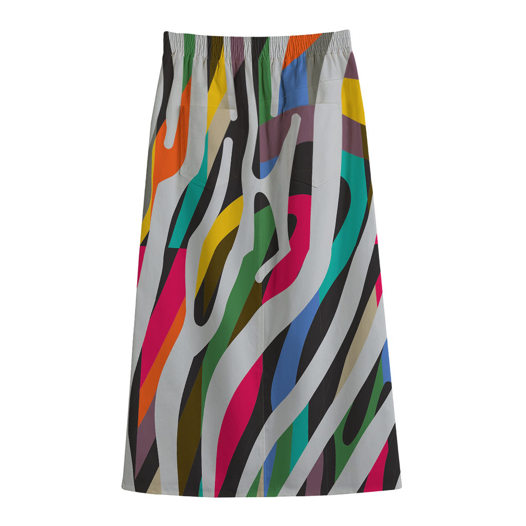 Colorful Zebra Pattern Print Cotton Front Slit Maxi Skirt