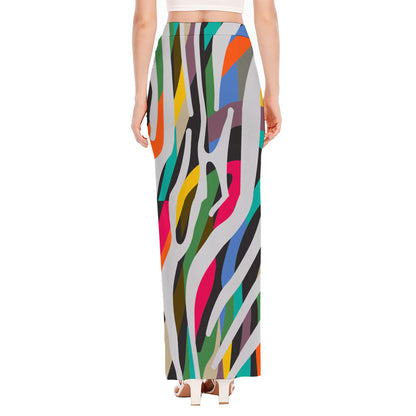 Colorful Zebra Pattern Print High Slit Maxi Skirt