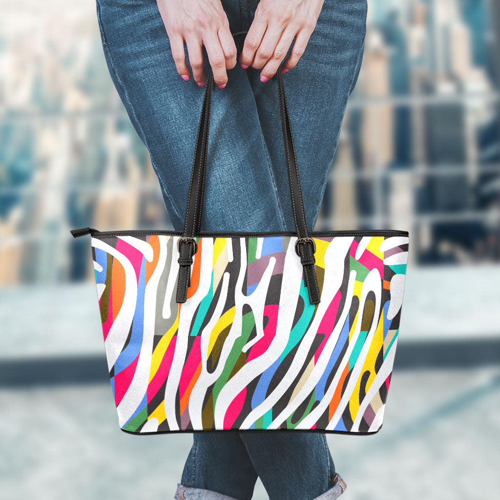 Colorful Zebra Pattern Print Leather Tote Bag