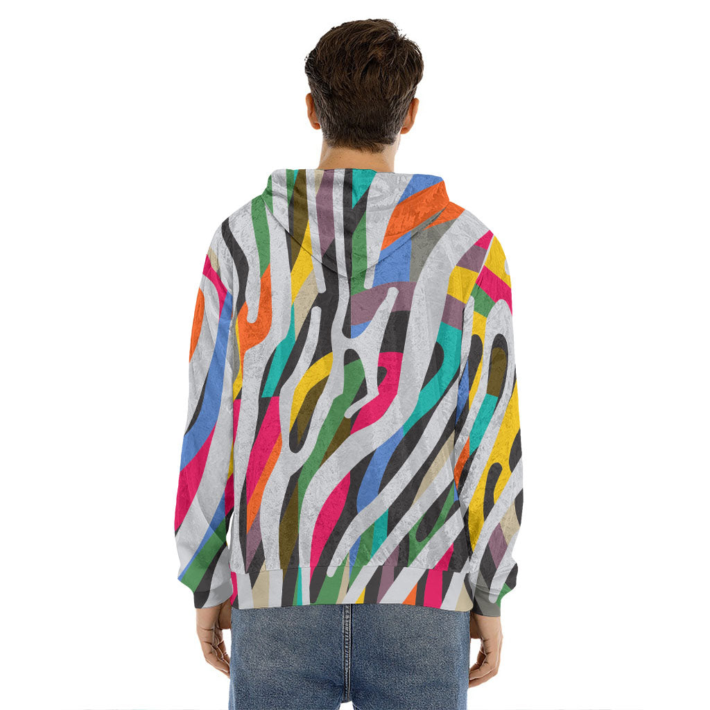 Colorful Zebra Pattern Print Men's Velvet Pullover Hoodie