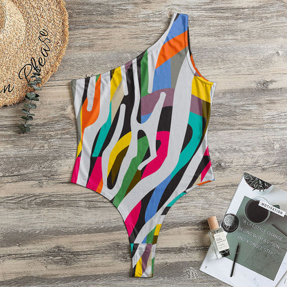 Colorful Zebra Pattern Print One Shoulder Bodysuit
