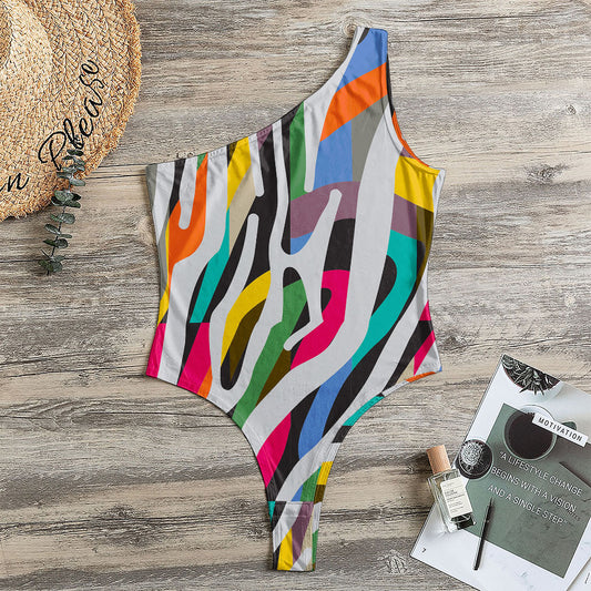Colorful Zebra Pattern Print One Shoulder Bodysuit