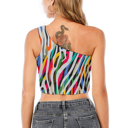 Colorful Zebra Pattern Print One Shoulder Crop Top