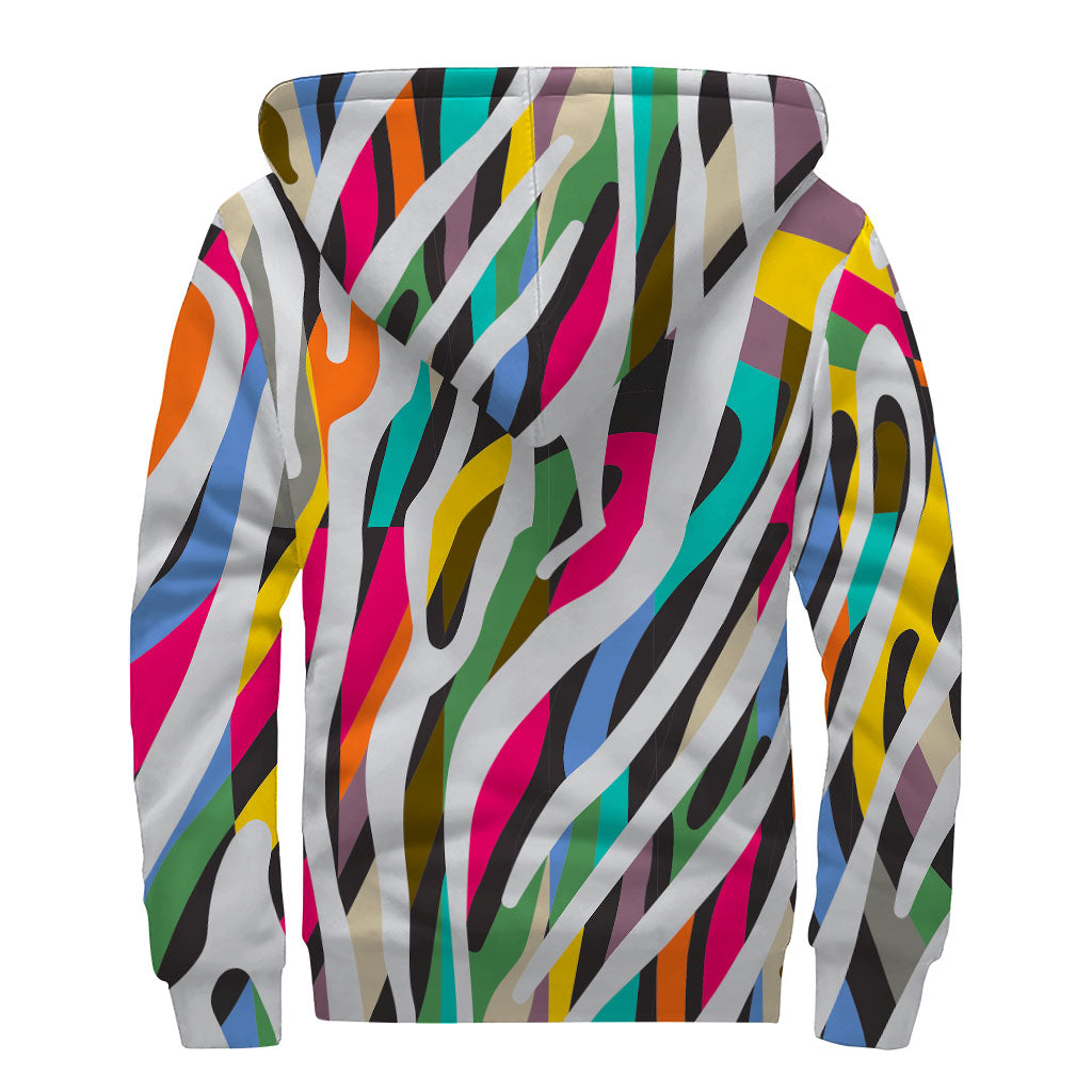 Colorful Zebra Pattern Print Sherpa Lined Zip Up Hoodie