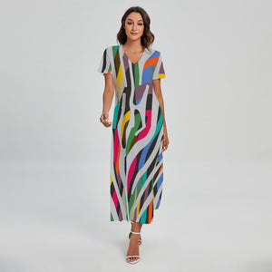 Colorful Zebra Pattern Print Short Sleeve Maxi Dress