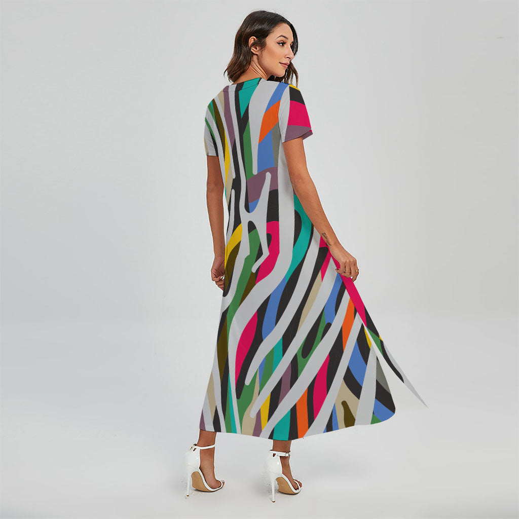 Colorful Zebra Pattern Print Short Sleeve Maxi Dress