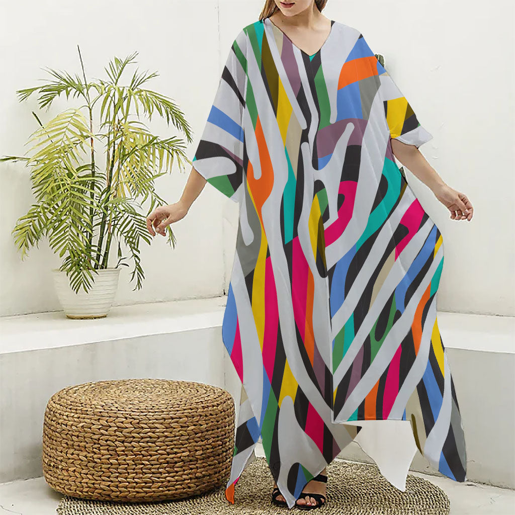 Colorful Zebra Pattern Print Silk V-Neck Kaftan Dress