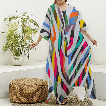 Colorful Zebra Pattern Print Silk V-Neck Kaftan Dress