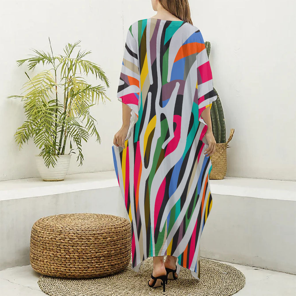 Colorful Zebra Pattern Print Silk V-Neck Kaftan Dress