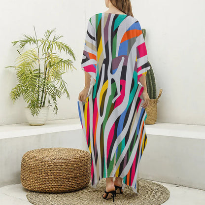 Colorful Zebra Pattern Print Silk V-Neck Kaftan Dress