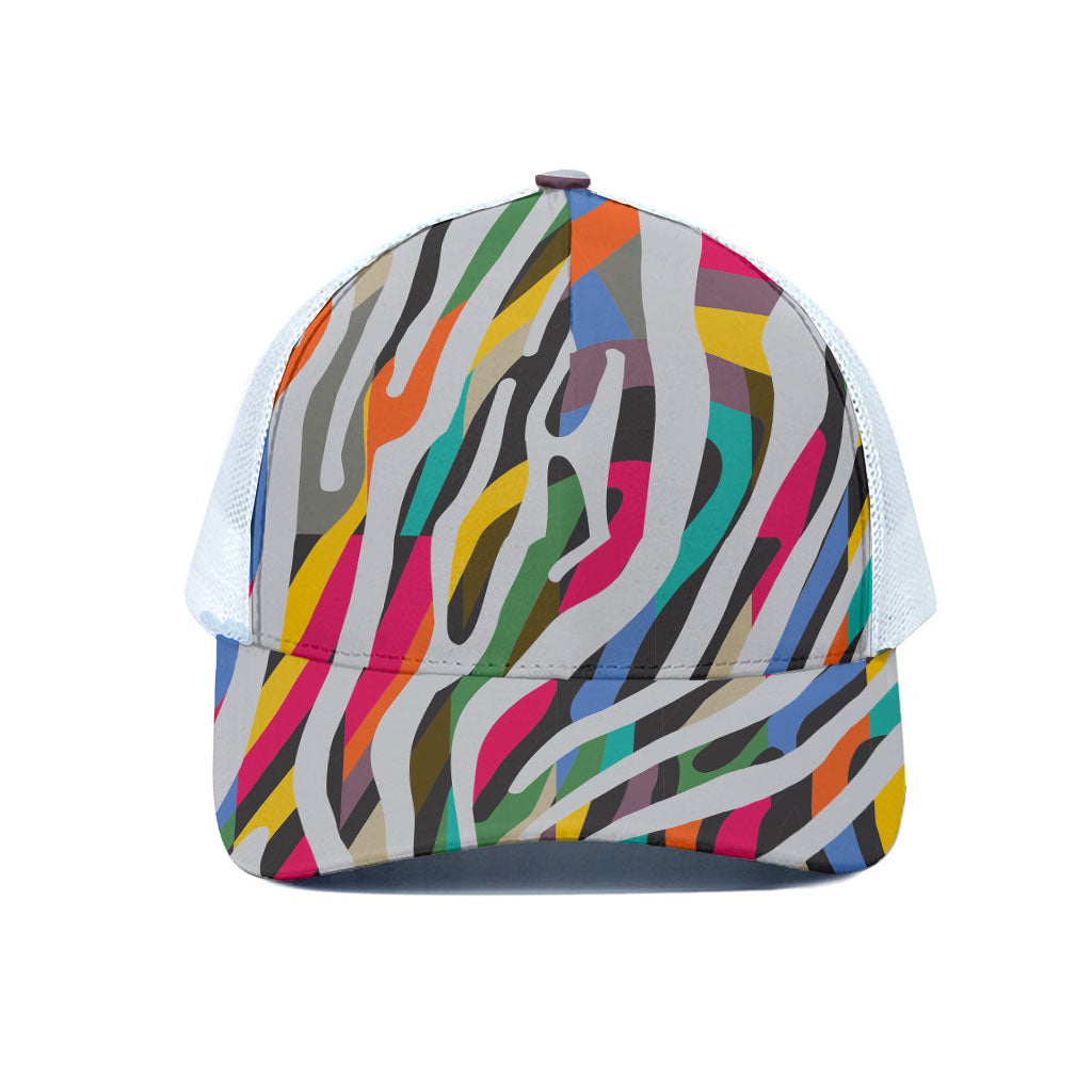Colorful Zebra Pattern Print White Mesh Trucker Cap